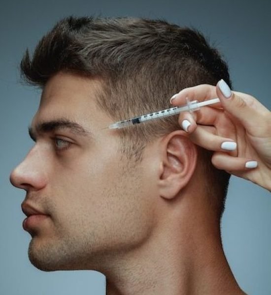 Free Photo _ Close-up profile portrait of young man isolated on grey studio, filling surgery procedure